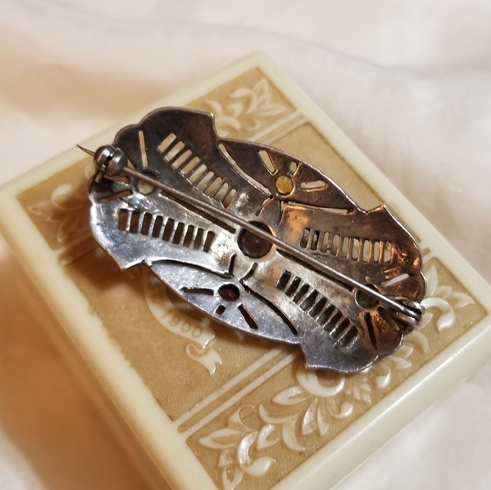 1930s Deco Sterling Filigree Gemmed Brooch - Picture 6 of 6